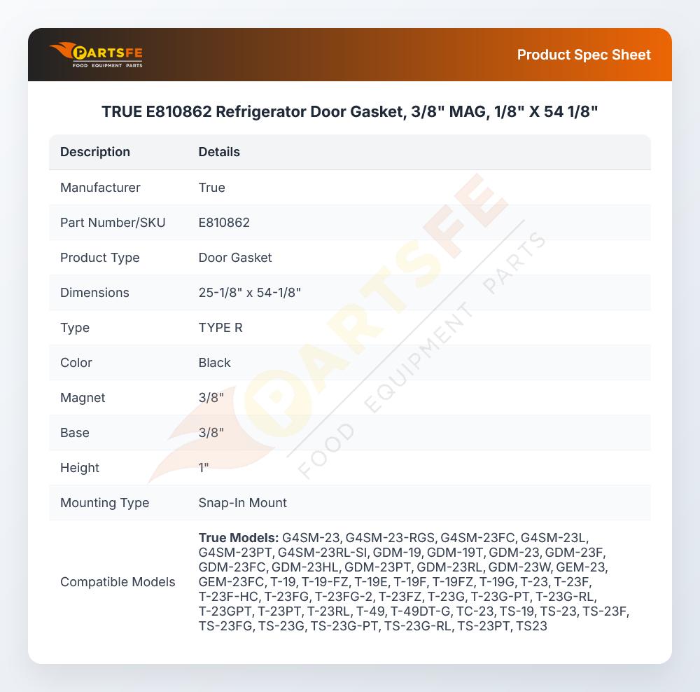 TRUE E810862 Refrigerator  Door Gasket, 3/8" MAG, 1/8" X 54 1/8"