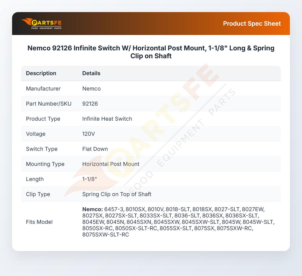 Nemco 92126 Infinite Switch W/ Horizontal Post Mount, 1-1/8" Long & Spring Clip on Shaft