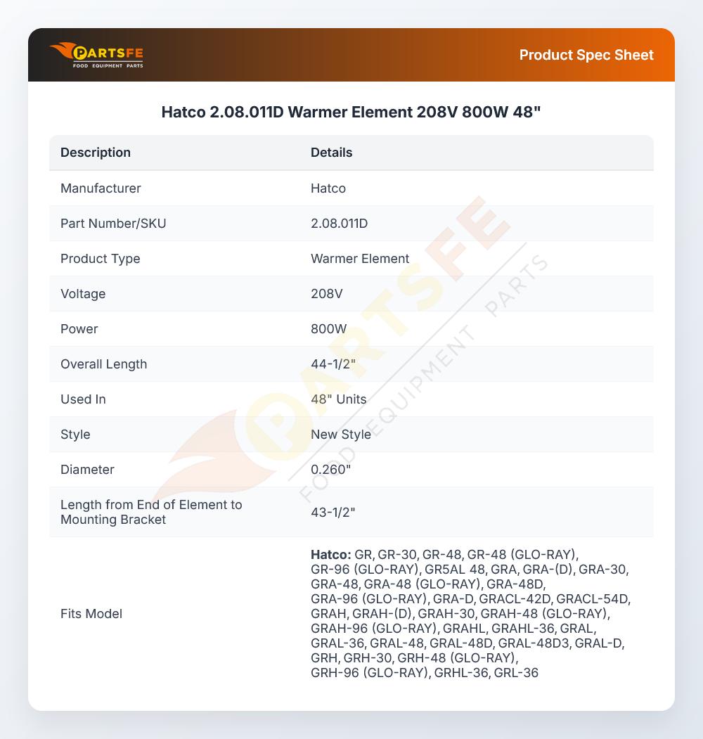 Hatco 2.08.011D Warmer Element 208V 800W 48"