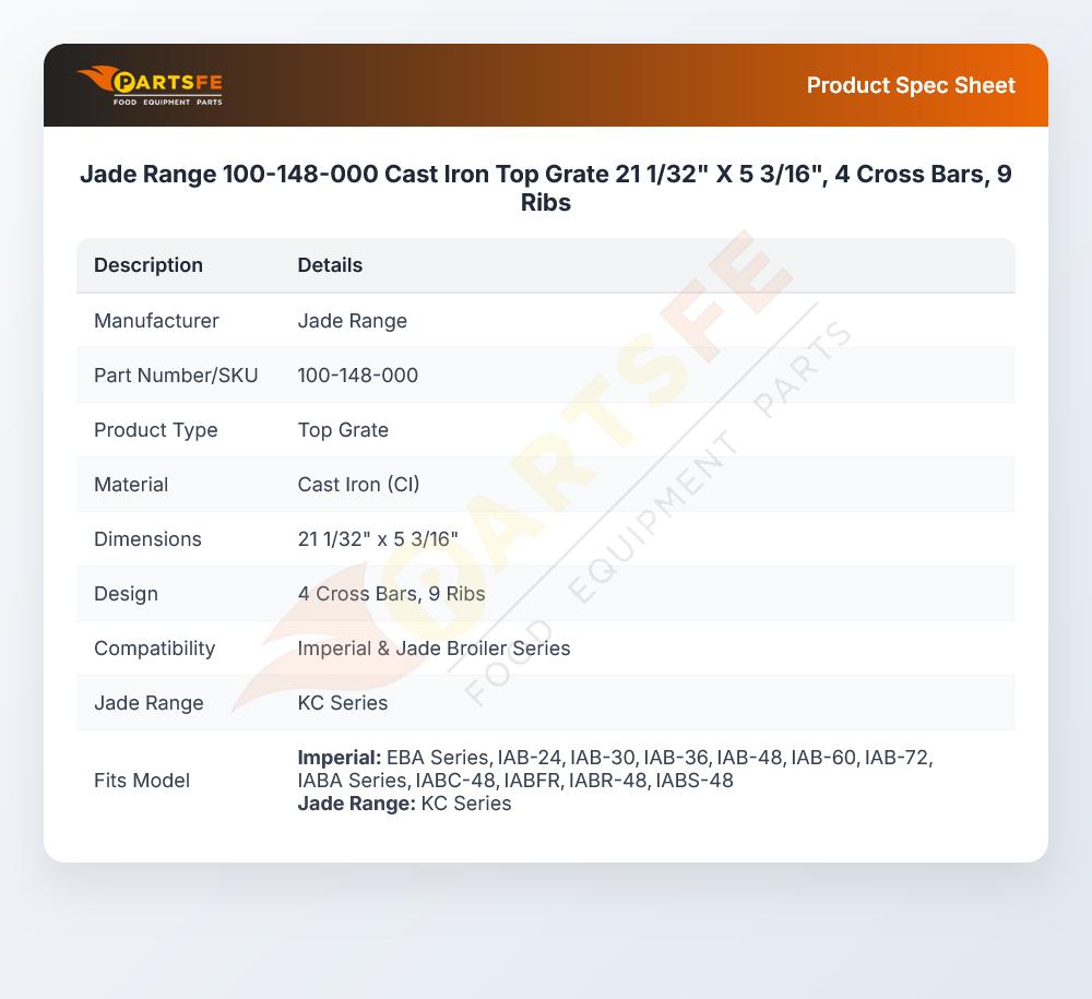 Jade Range 100-148-000 Top Grate Cast Iron 21-1/32" X 5-3/16" 4-Cross Bars 9-Ribs