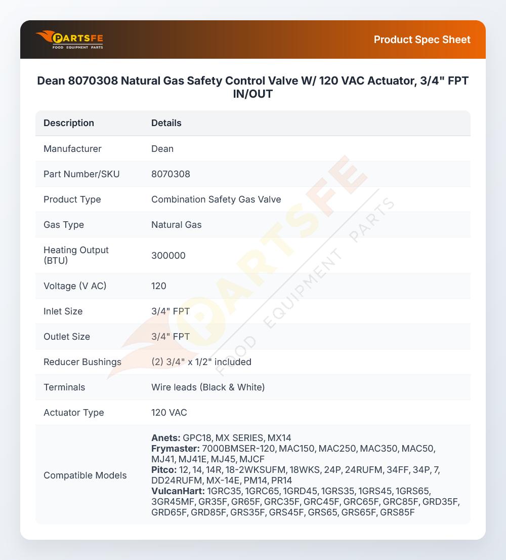 Dean 8070308 Natural Gas Safety Control Valve 120V 60Hz