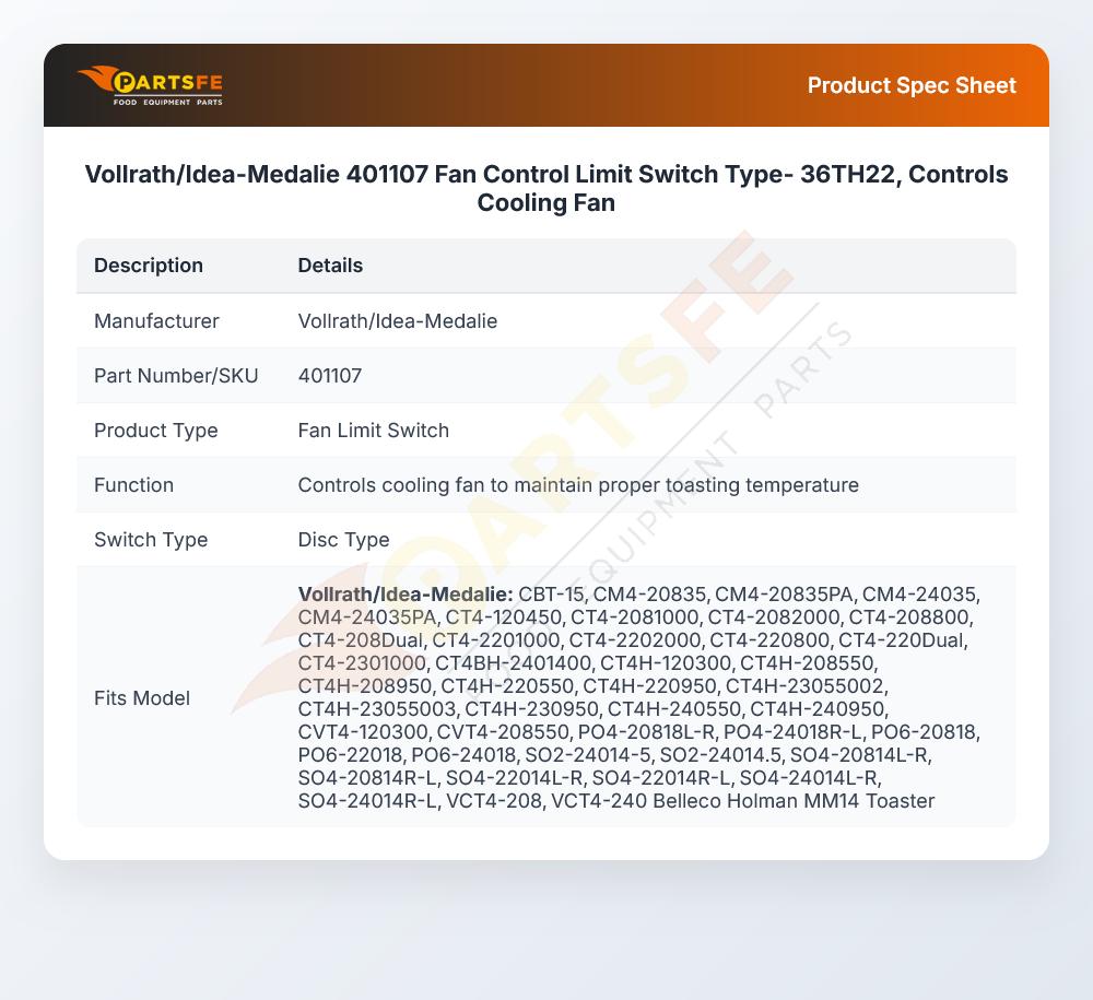 Vollrath/Idea-Medalie 401107 Fan Control Limit Switch Type- 36TH22, Controls Cooling Fan