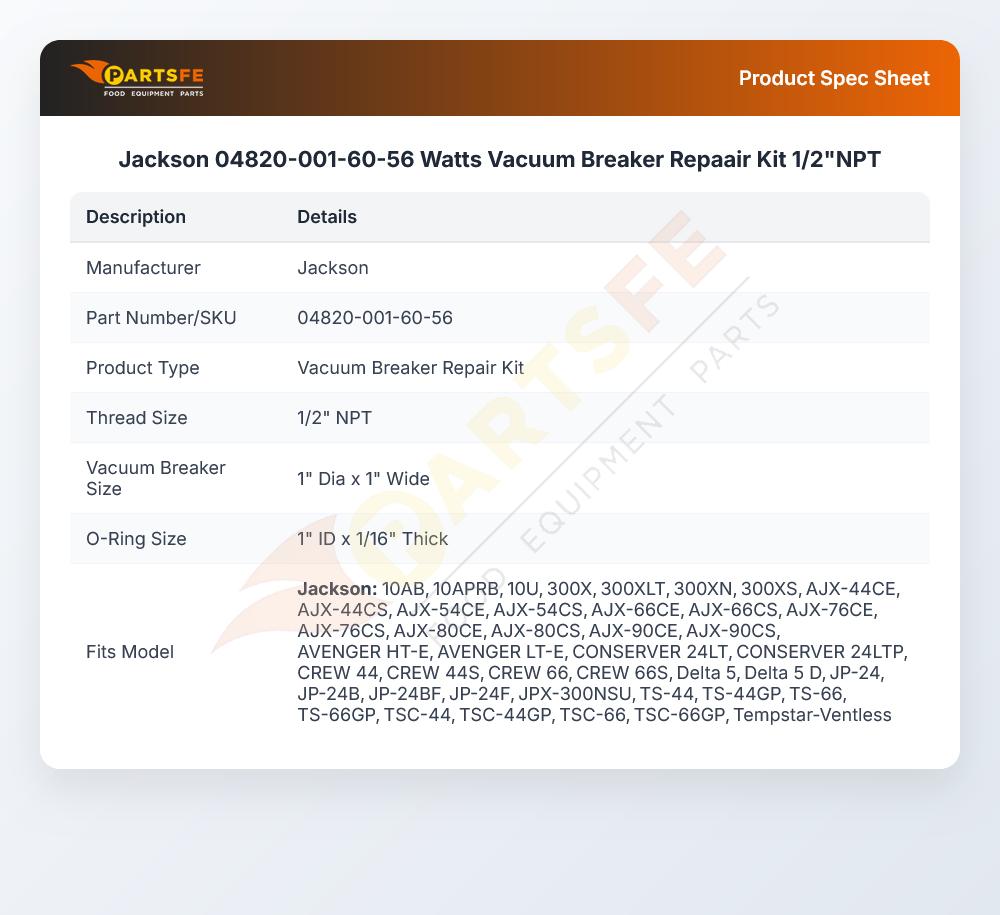 Jackson 04820-001-60-56 Vacuum Breaker Repair Kit 1/2" NPT Watts