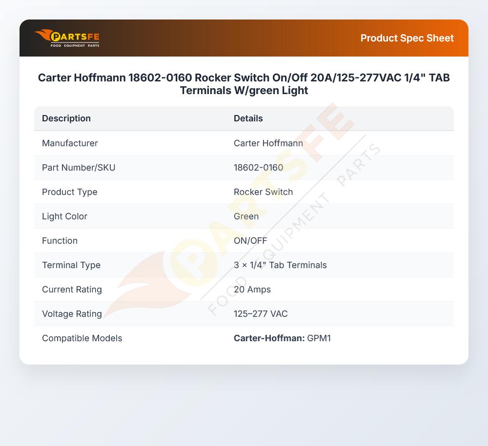 Carter Hoffmann 18602-0160 Rocker Switch On/Off Terminals W/Green Light  20A 125-277 VAC 1/4" TAB