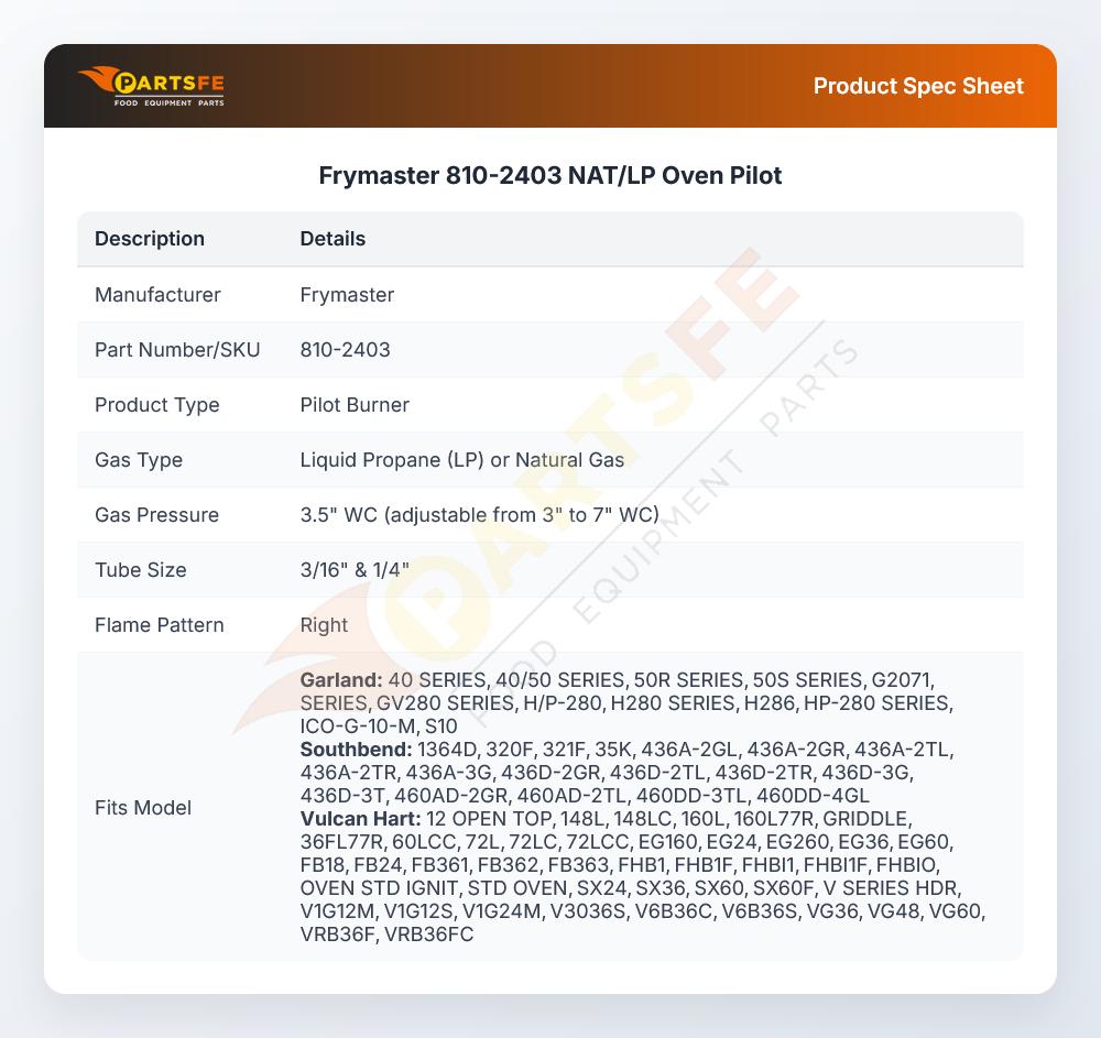 Frymaster 810-2403 NAT/LP Oven Pilot