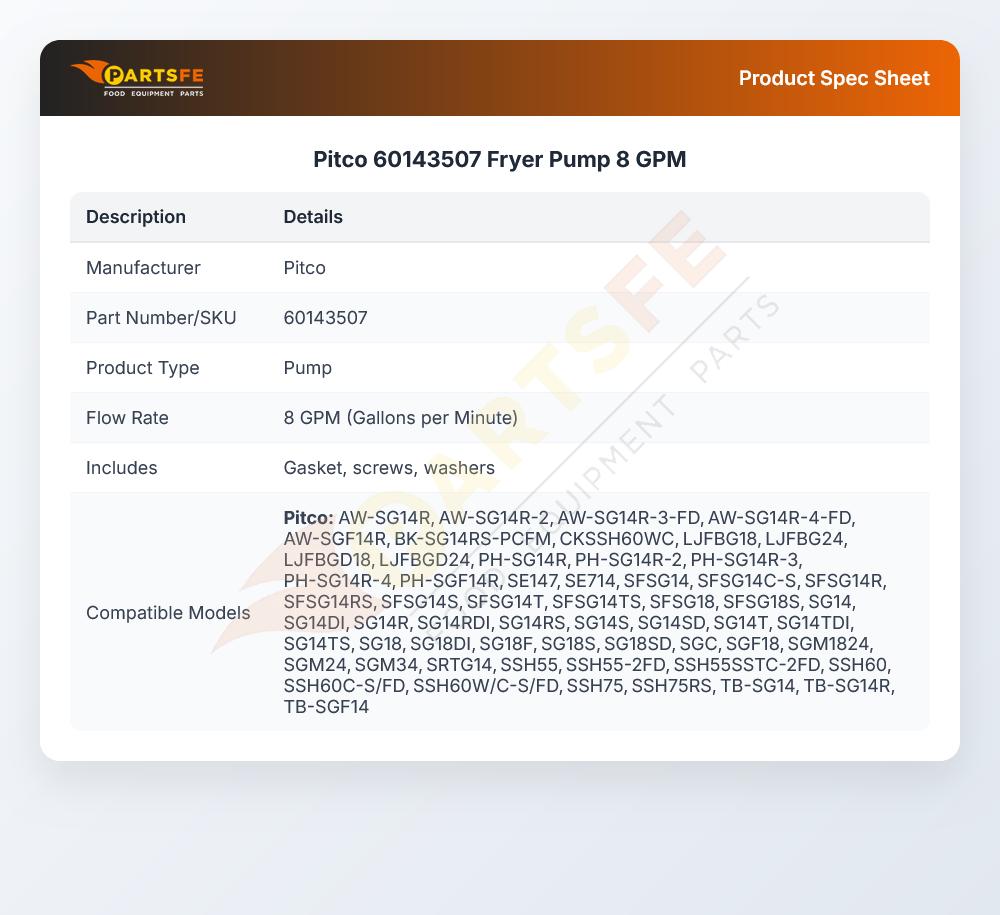 Pitco 60143507 Fryer Pump 8 GPM