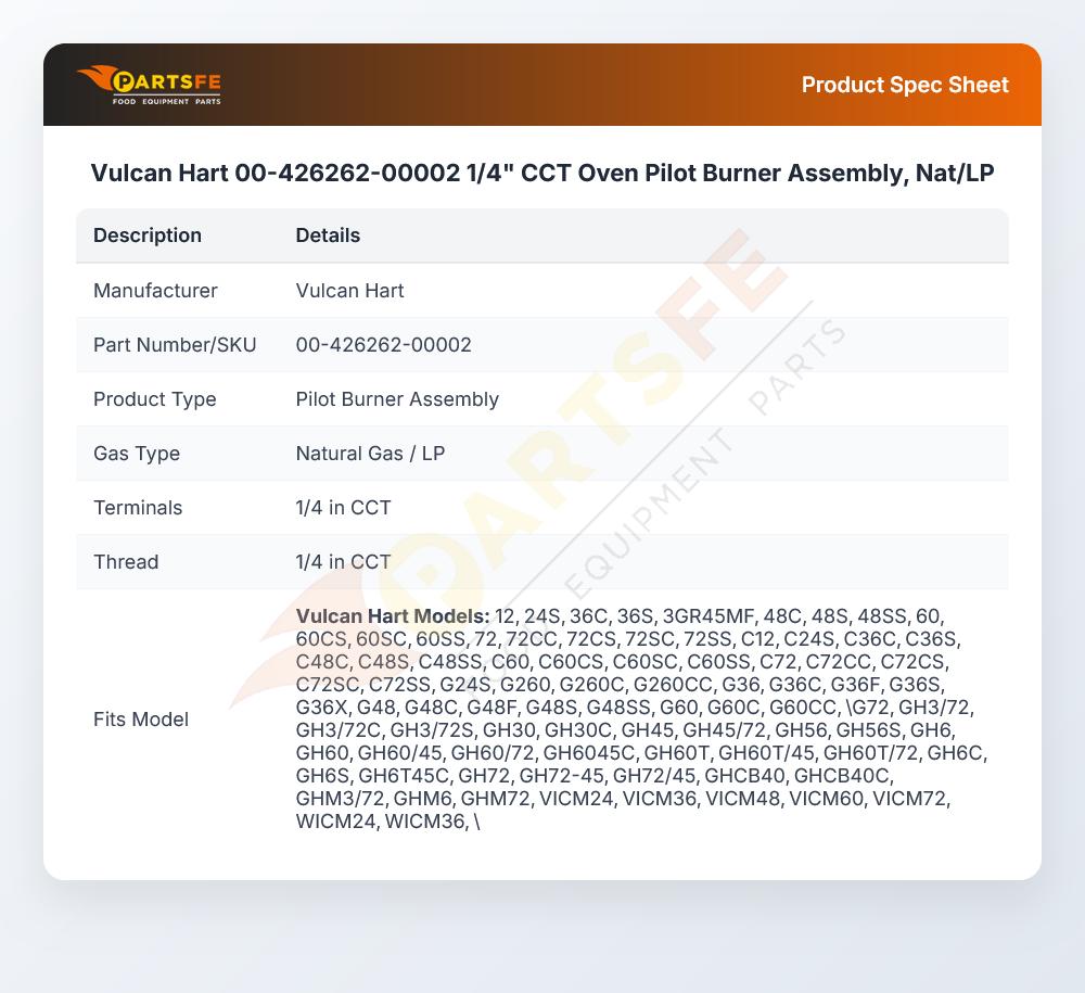 Vulcan Hart 00-426262-00002 1/4" CCT Oven Pilot Burner Assembly, Nat/LP