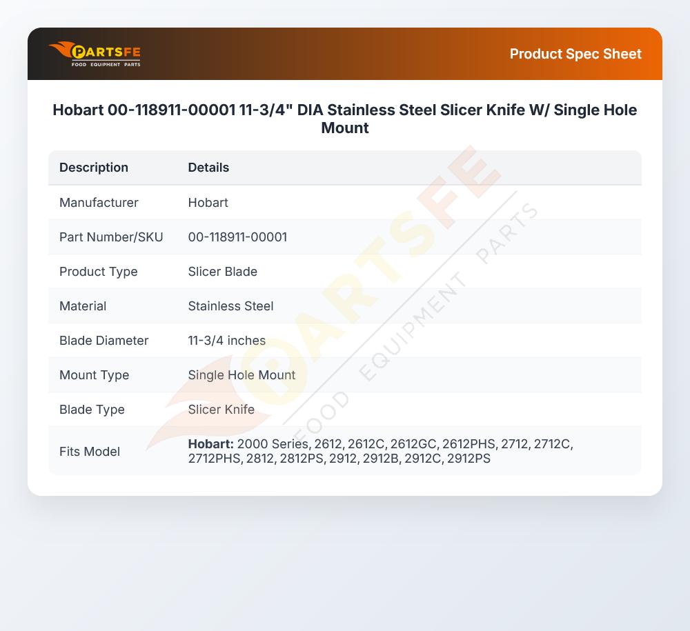 Hobart 00-118911-00001 Slicing Knife W/Single Hole Mount 11-3/4" DIA SS