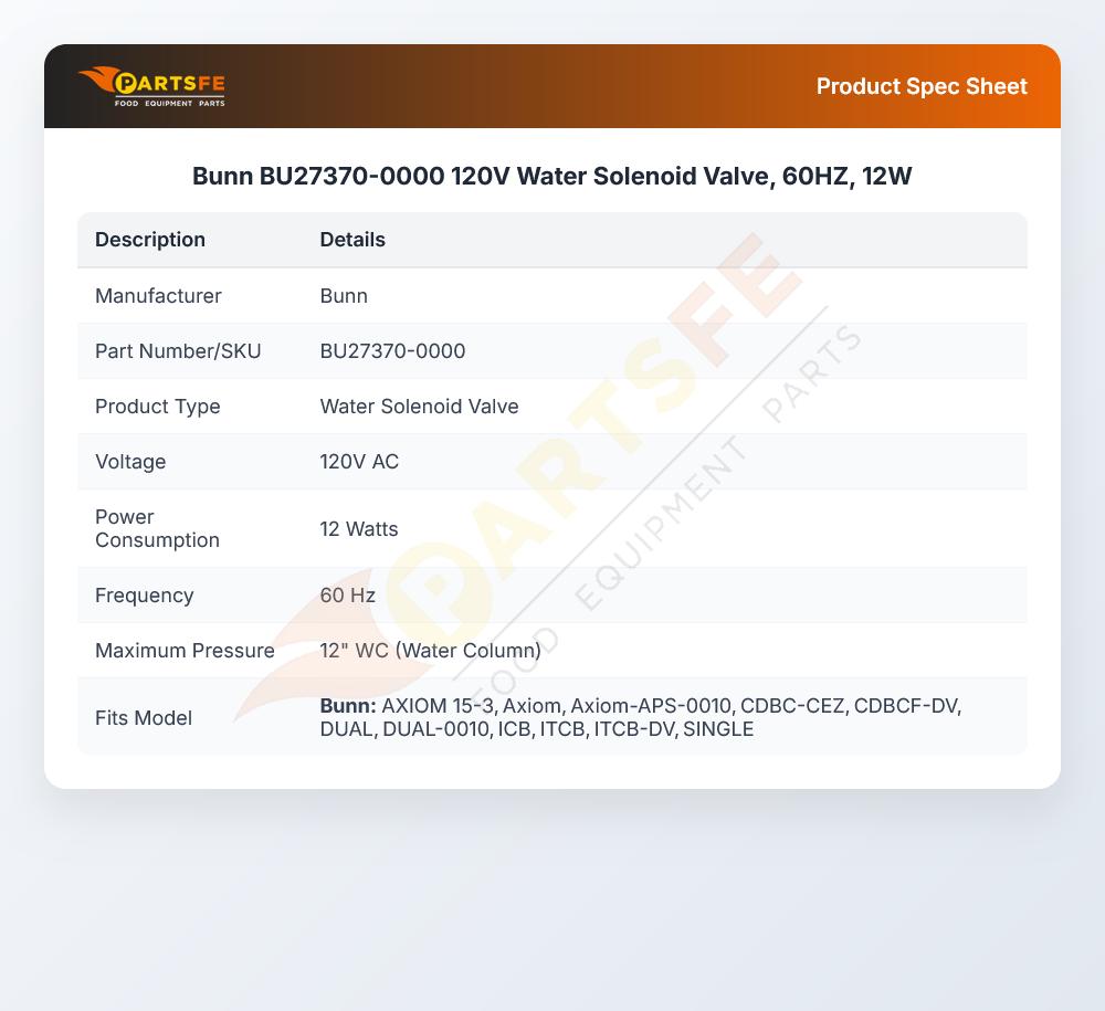 Bunn BU27370-0000 Water Valve 120V