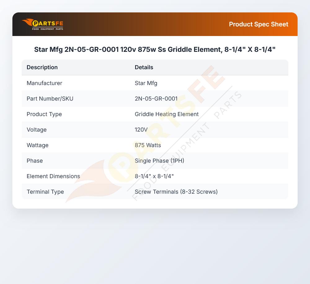 Star Mfg 2N-05-GR-0001 Griddle Heating Element 875W 120V