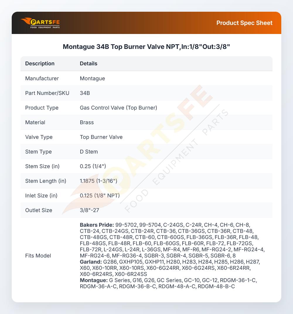Montague 34B Top Burner Valve NPT,In:1/8"Out:3/8"