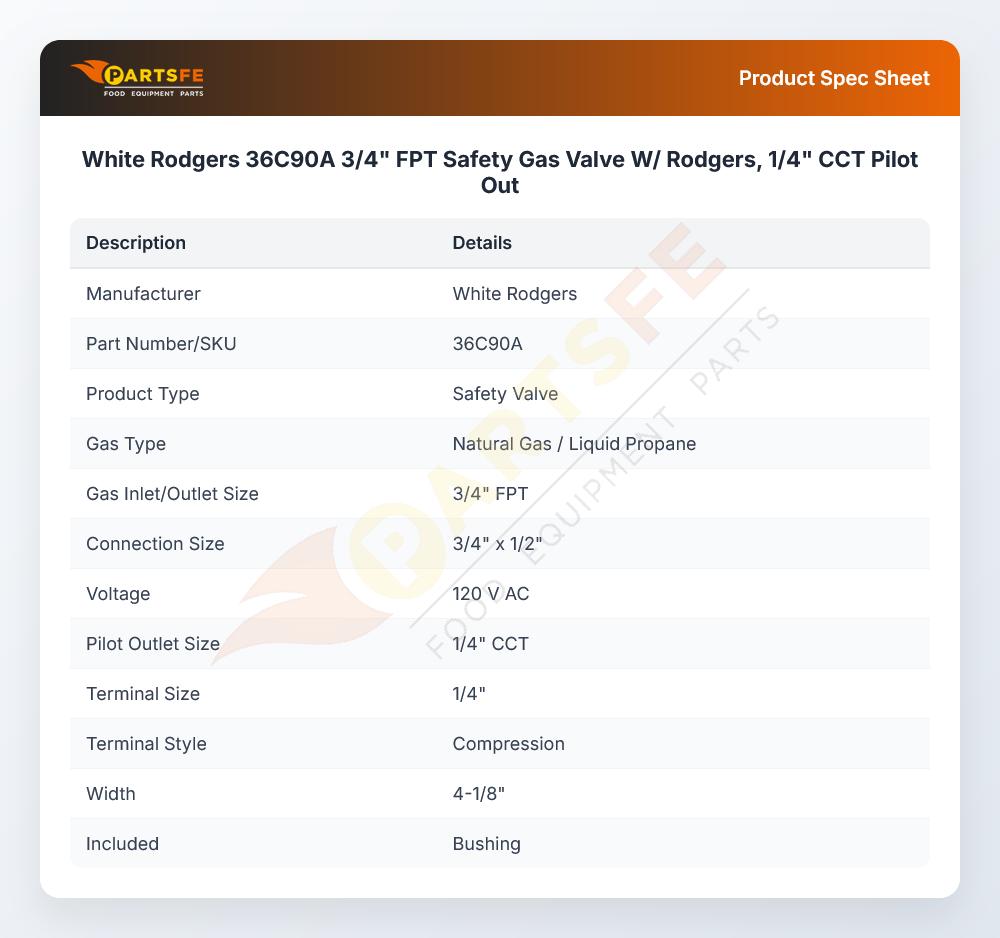 White Rodgers 36C90A Safety Gas Valve W/Rodgers Pilot Out 3/4" FPT 1/4" CCT