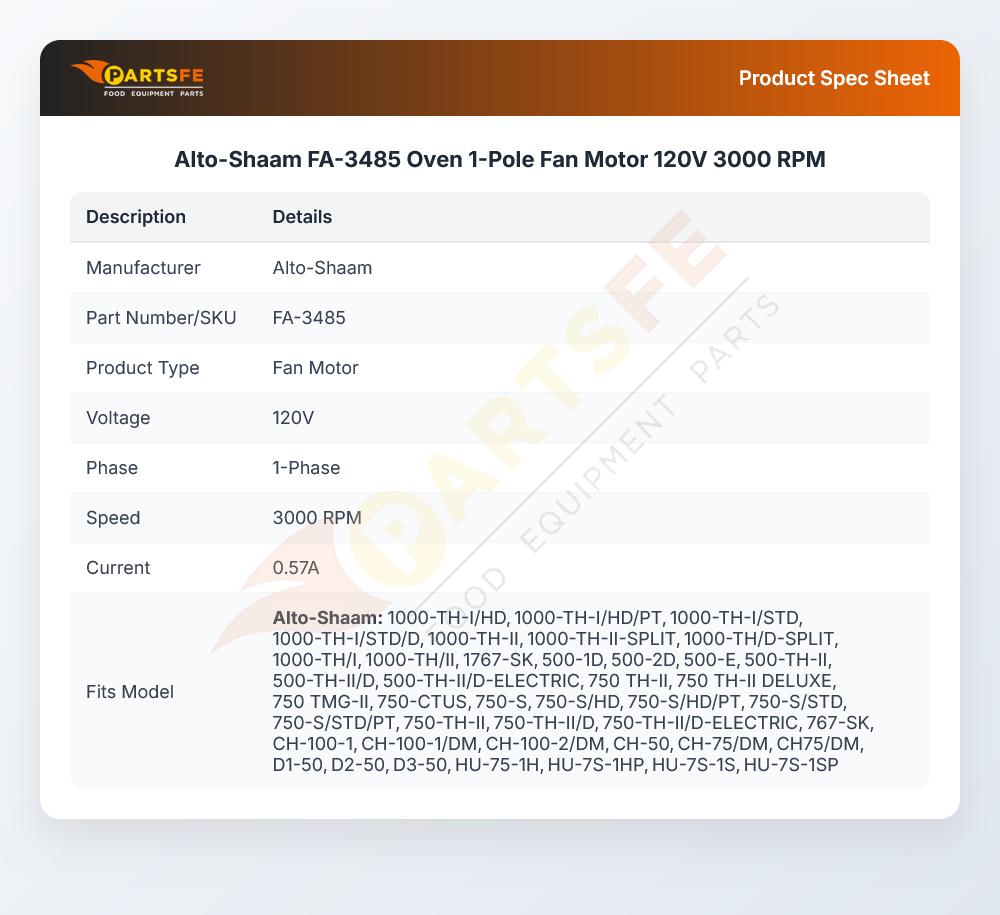 Alto-Shaam FA-3485 Oven 1-Pole Fan Motor 120V 3000 RPM