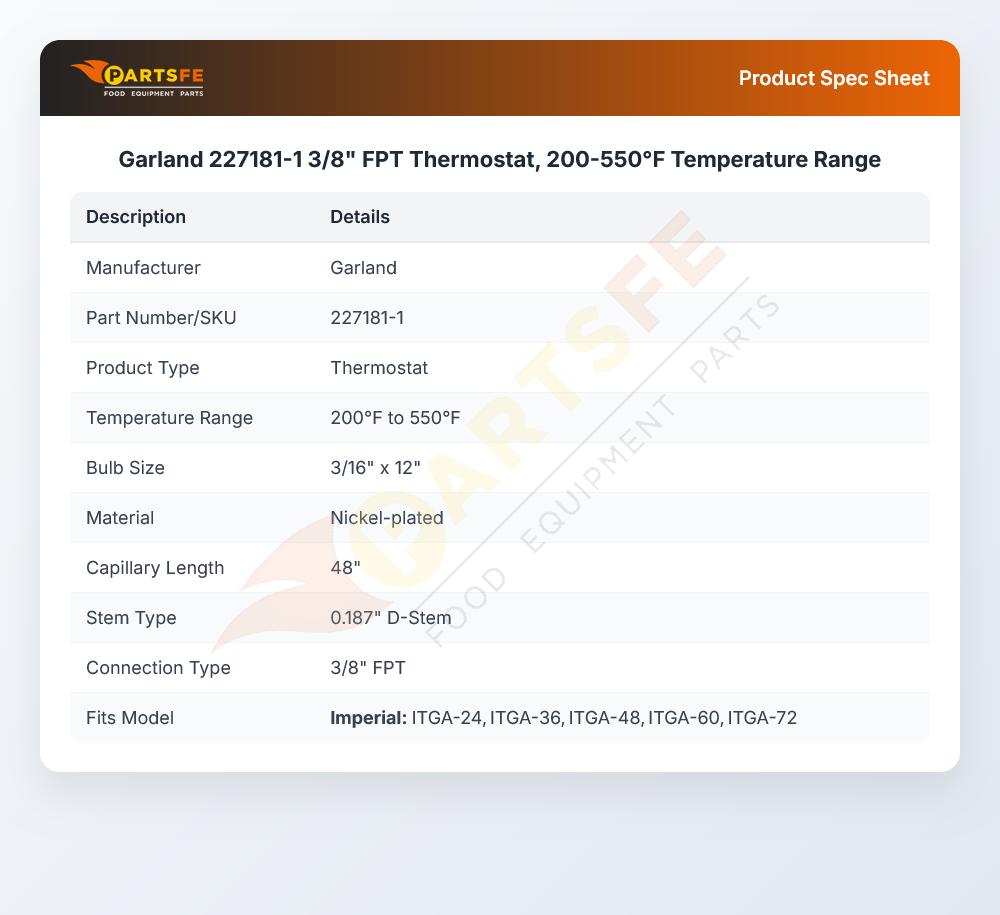 Garland 227181-1 GS Thermostat 3/16 X 12 48