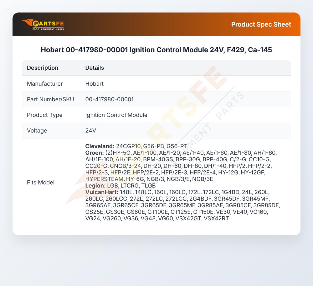 Hobart 00-417980-00001 Ignition Control Module 24V F429 CA-145