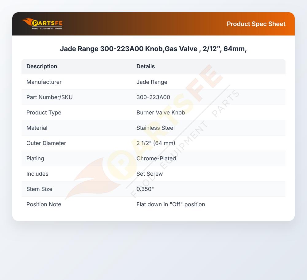 Jade Range 300-223A00 Knob,Gas Valve , 2/12", 64mm,