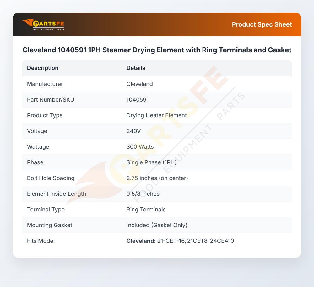Cleveland 1040591 1PH Steamer Drying Element with Ring Terminals and Gasket