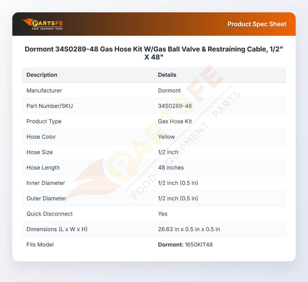 Dormont 34S0289-48 Gas Hose Kit W/Gas Ball Valve 1/2" X 48"