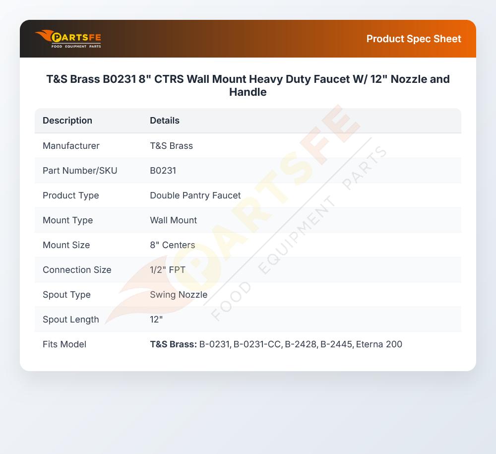 T&S Brass B0231 Wall-Mount Faucet Heavy-Duty W/12" Nozzle & Handles 8" Centers
