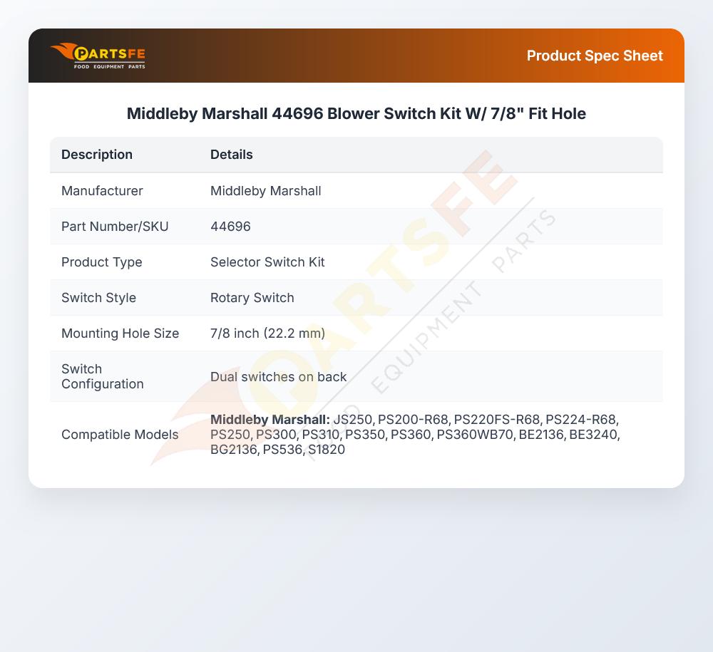 Middleby Marshall 44696 Blower Switch Kit W/7/8" Fit Hole