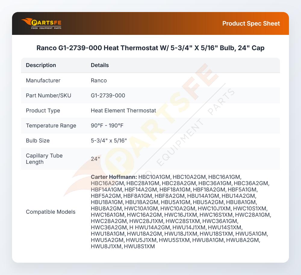 Ranco G1-2739-000 Thermostat 5-3/4" X 5/16" Bulb 24" CAP