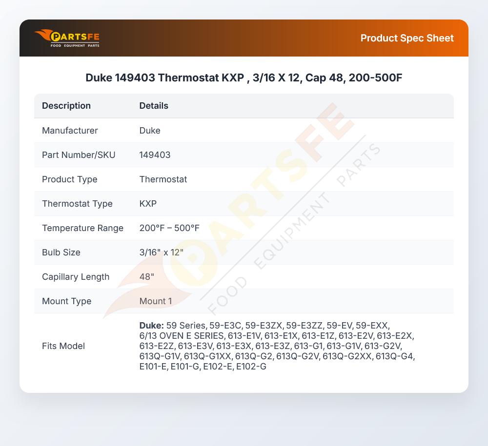 Duke 149403 Thermostat KXP , 3/16 X 12, Cap 48, 200-500F