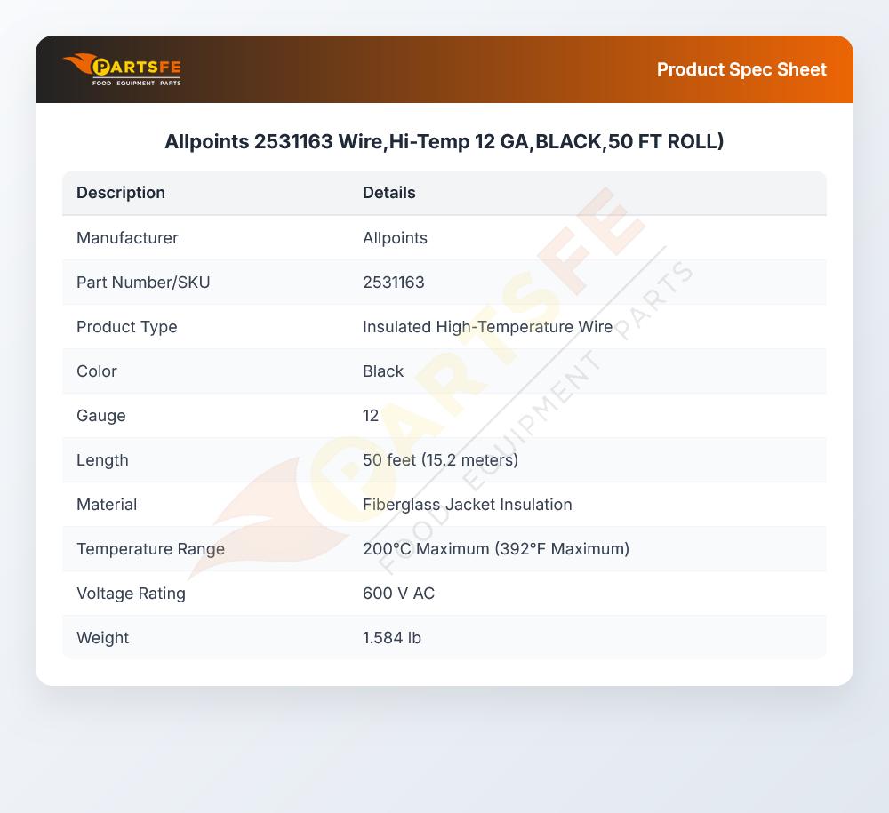 Allpoints 2531163 Wire,Hi-Temp 12 GA,BLACK,50 FT ROLL)