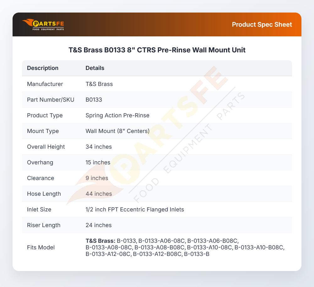 T&S Brass B0133 Pre-Rinse Unit Wall Mount 8"