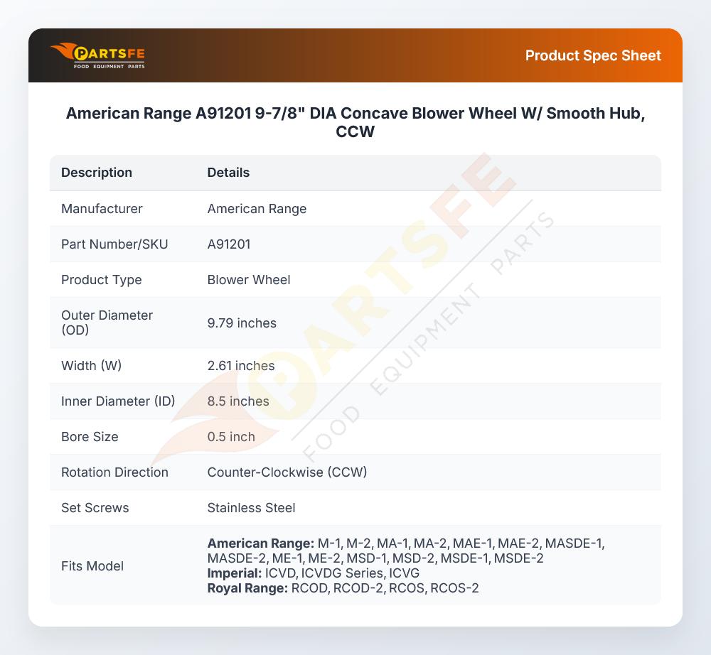 American Range A91201 9-7/8" DIA Concave Blower Wheel W/ Smooth Hub, CCW