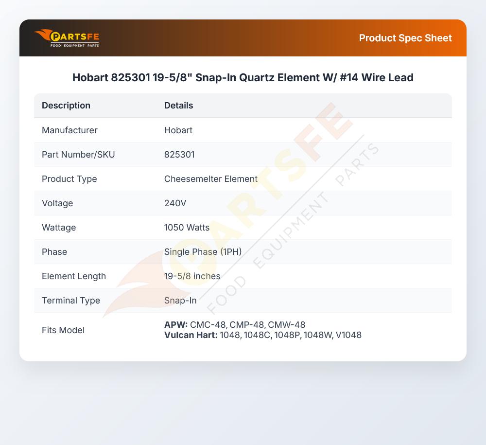 Hobart 825301 Quartz Element W/Wire Lead #14 19-5/8"