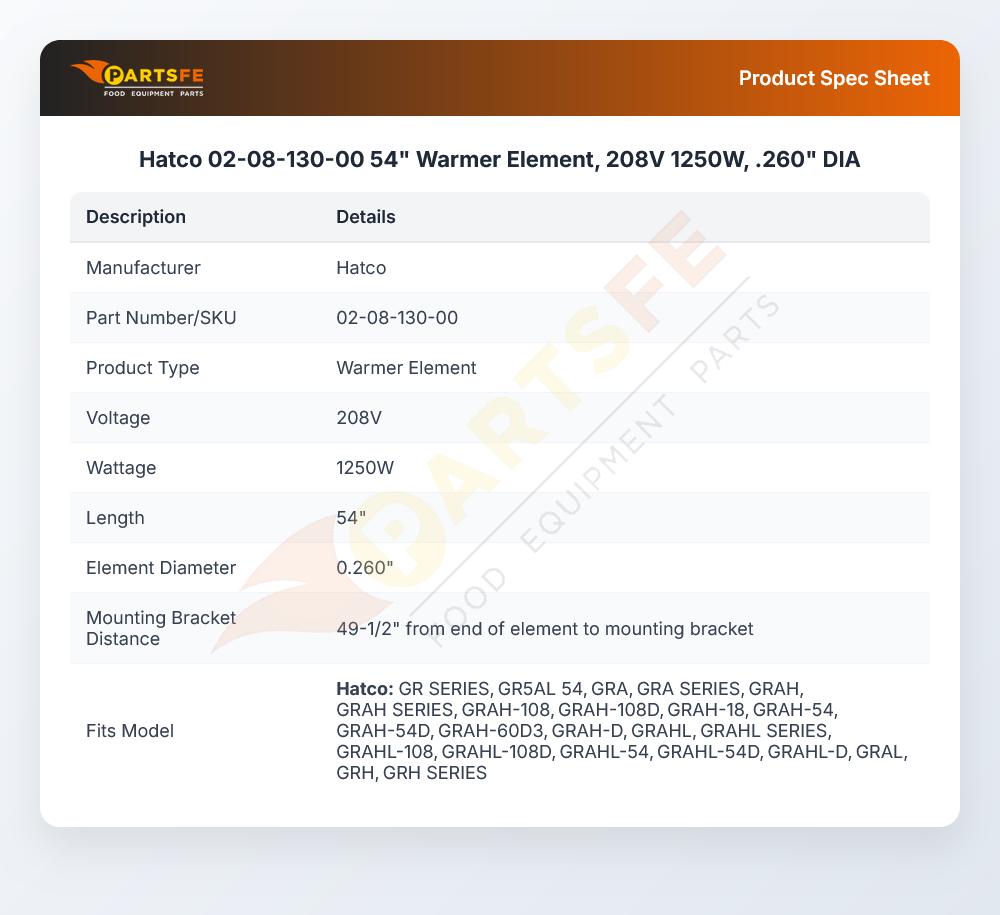 Hatco 02-08-130-00 54" Warmer Element, 208V 1250W,  .260" DIA