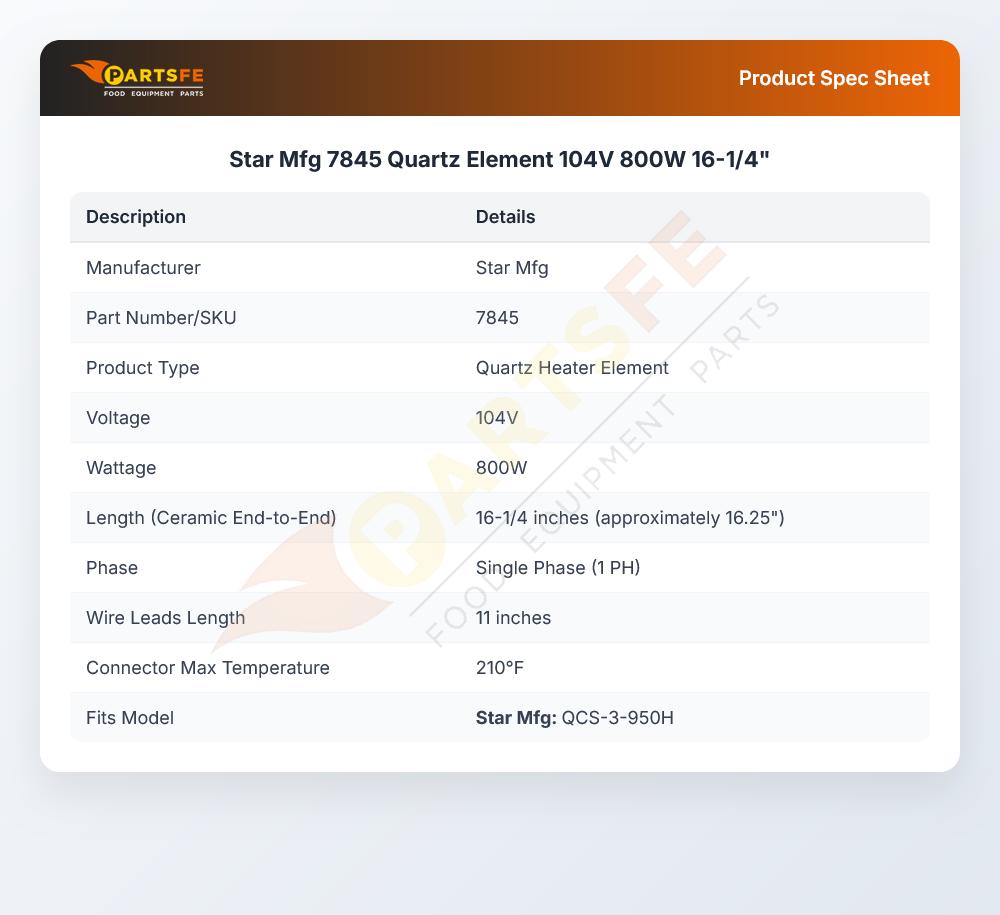 Star Mfg 7845 Quartz Element 104V 800W  16-1/4"