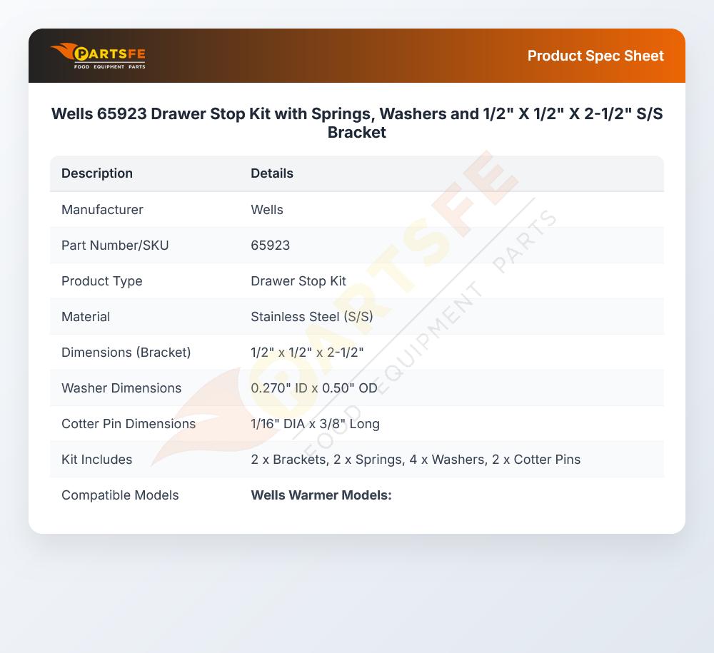 Wells 65923 Drawer Stop Kit with Springs, Washers and 1/2" X 1/2" X 2-1/2" S/S Bracket