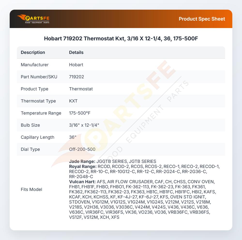Hobart 719202 Thermostat KXT 3/16" X 12-1/4" 36" 175-500&deg;F
