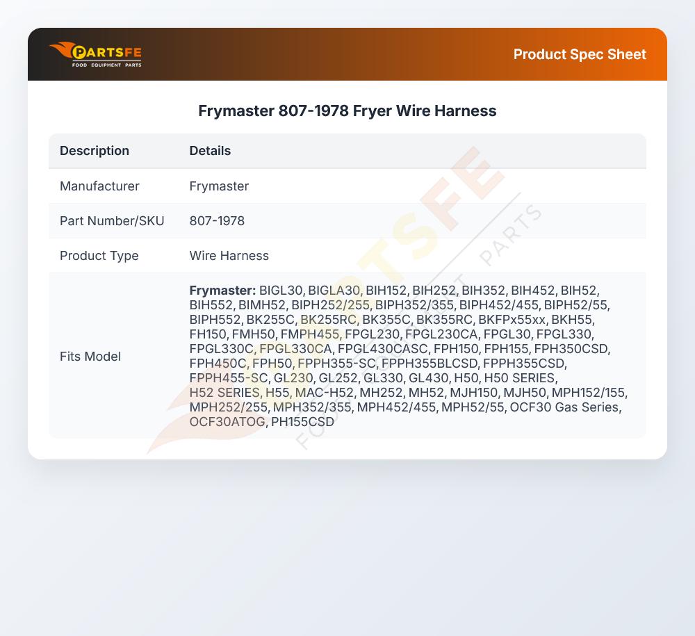 Frymaster 807-1978 Fryer Wire Harness