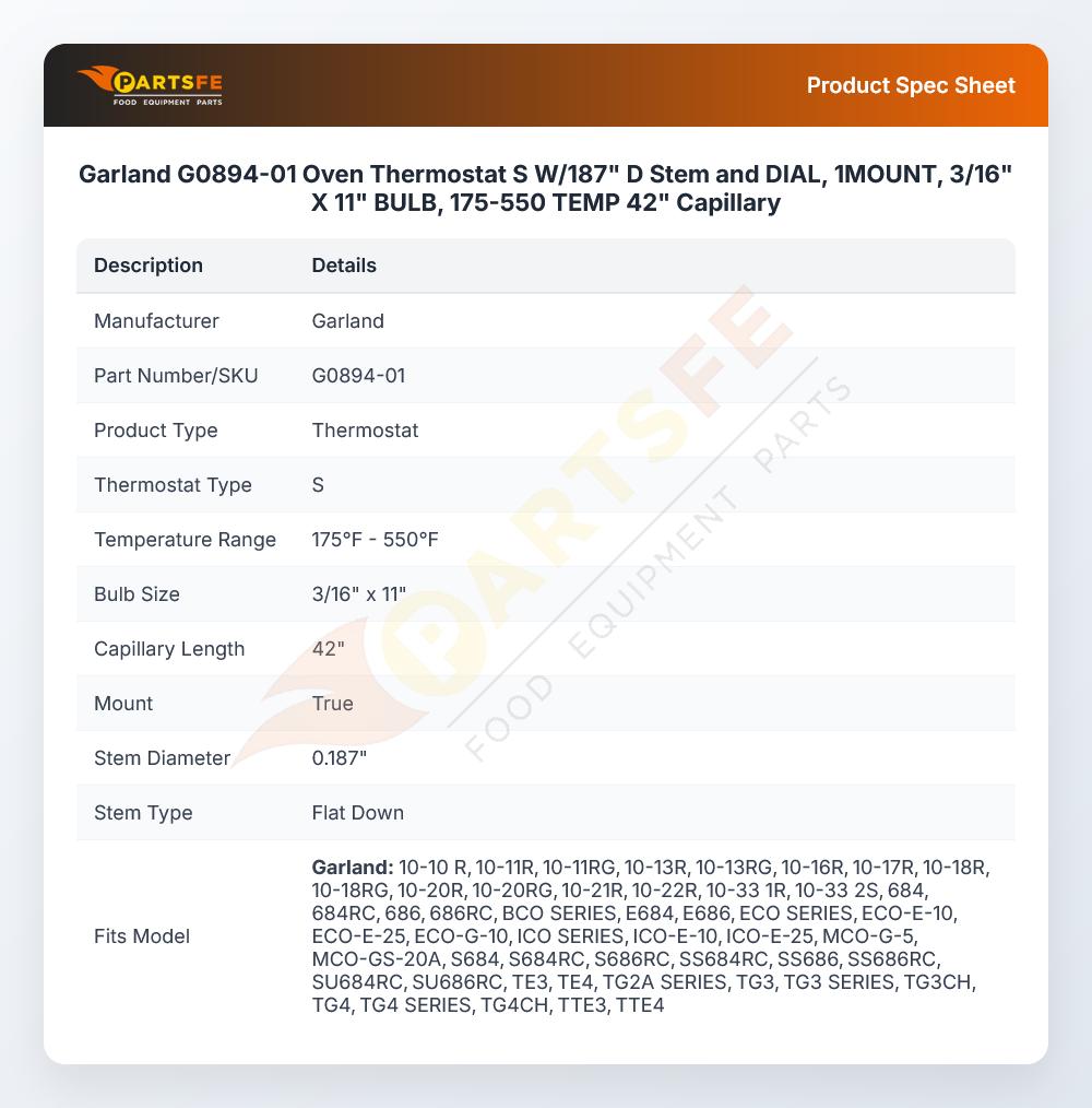 Garland G0894-01 Oven Thermostat S W/187" D Stem and DIAL, 1MOUNT, 3/16" X 11" BULB, 175-550 TEMP 42" Capillary