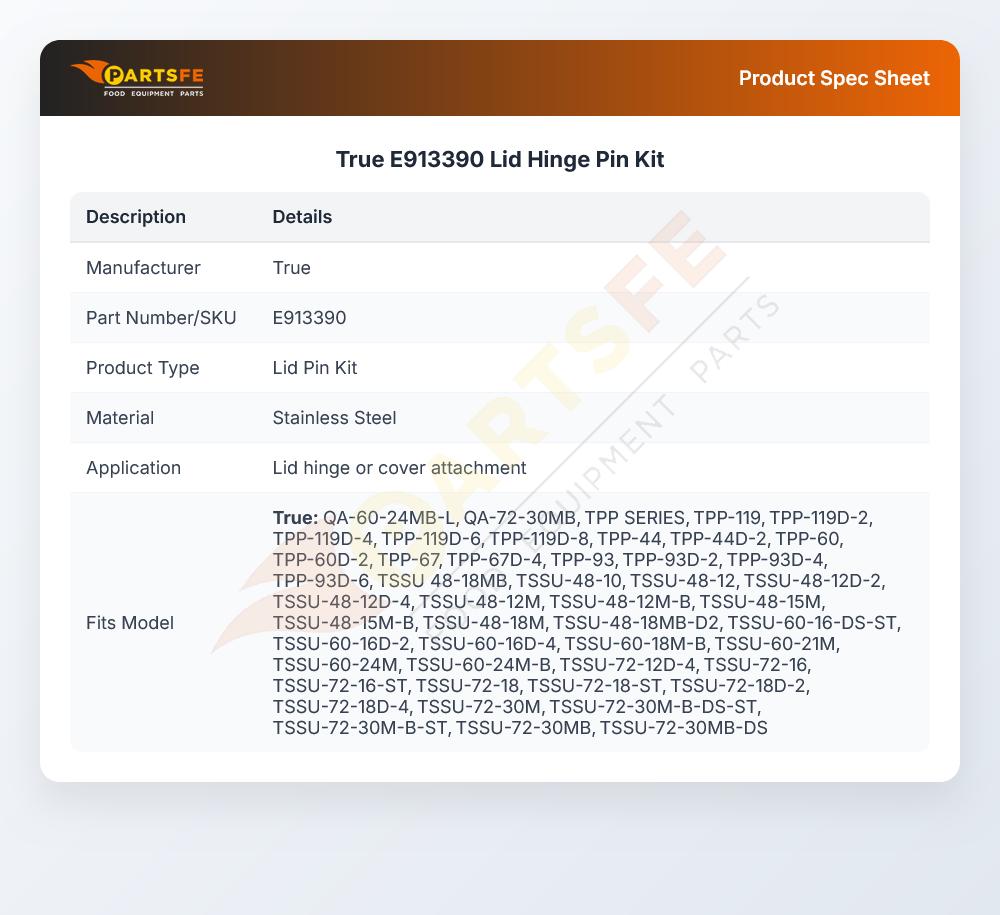 True E913390 Lid Hinge Pin Kit