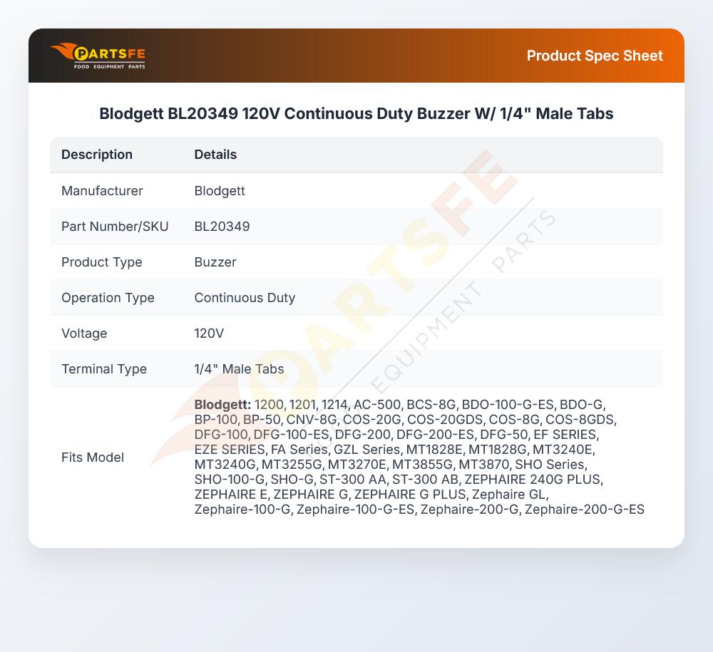 Blodgett BL20349 120V Continuous Duty Buzzer W/ 1/4" Male Tabs
