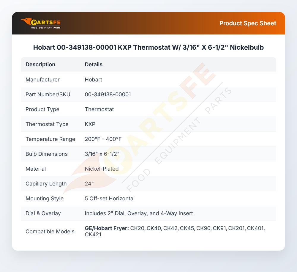 Hobart 00-349138-00001 Thermostat W/Dial KXP 3/16" X 6-1/2" Nickelbulb