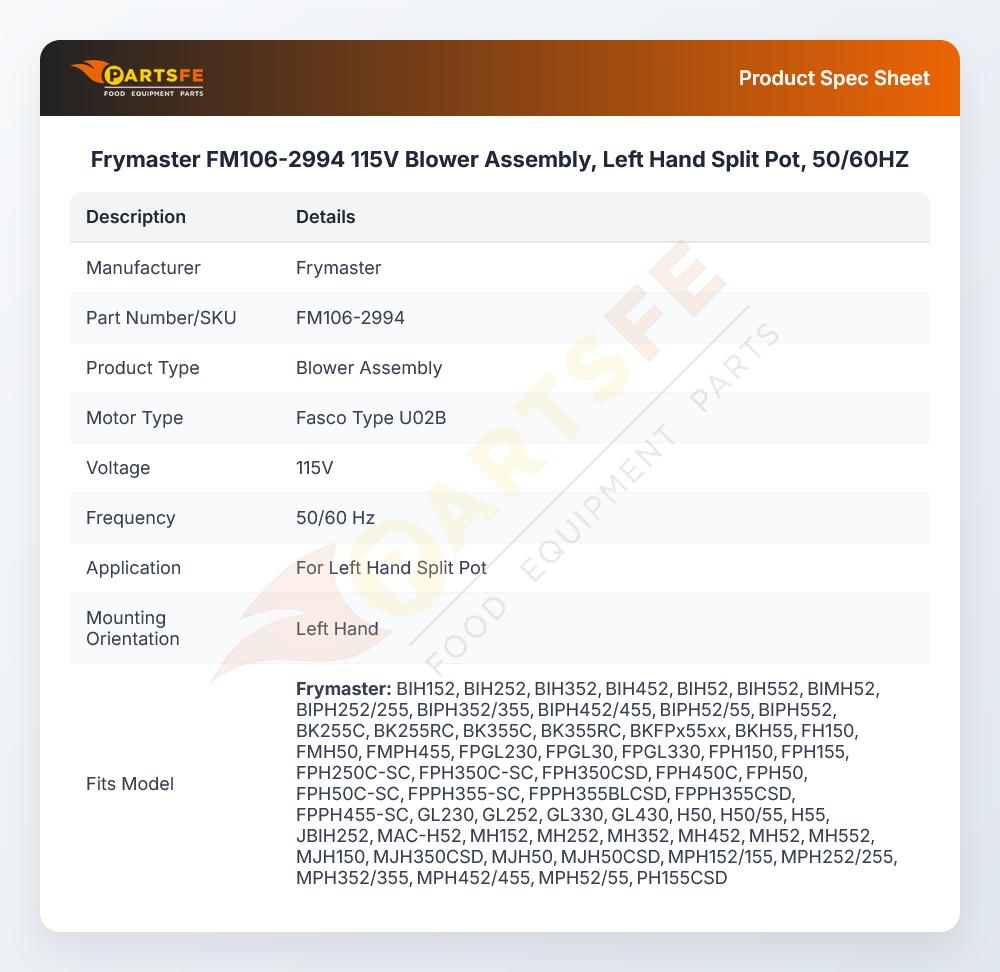 Frymaster FM106-2994 Fryer Blower Assembly Left Hand 115V