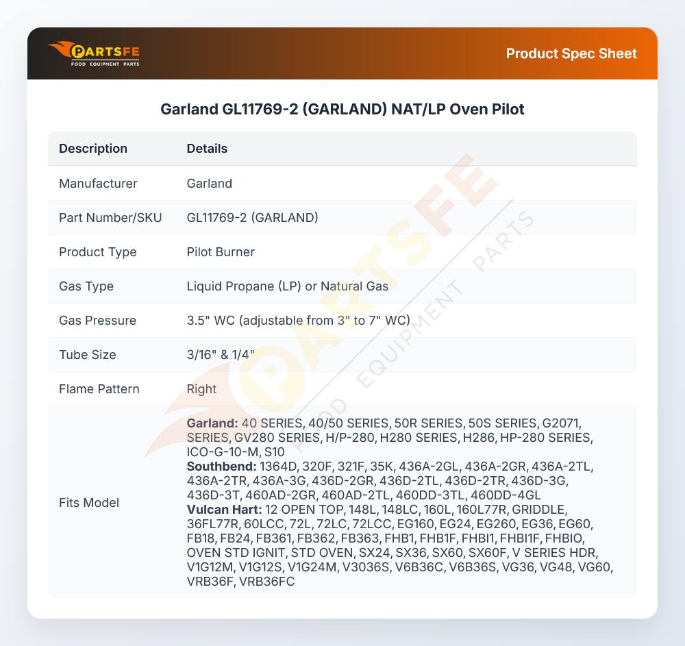 Garland GL11769-2 (GARLAND) Oven Pilot Natural Gas/LP