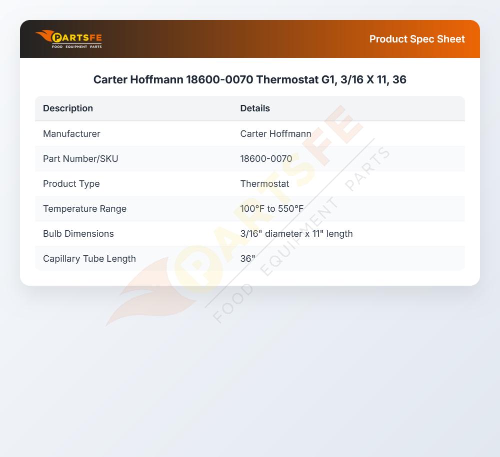 Carter Hoffmann 18600-0070 Thermostat G1 3/16" X 11 36"