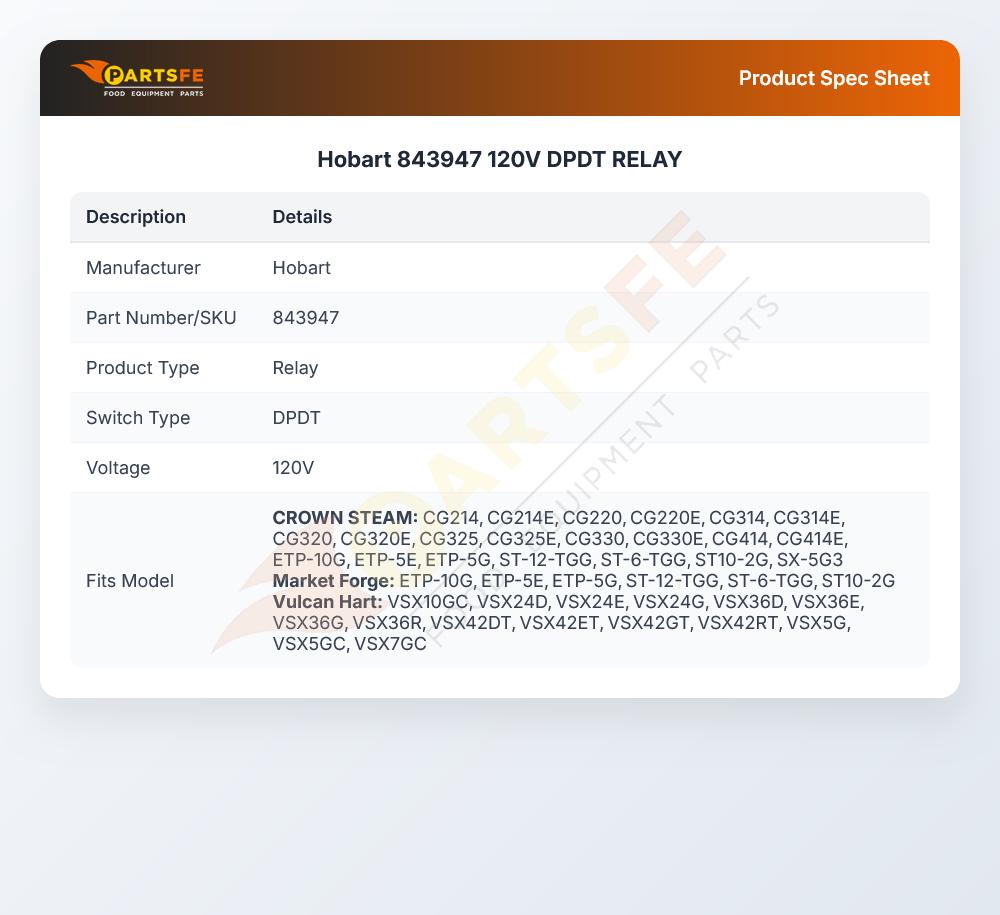 Hobart 843947 Relay DPDT 120V