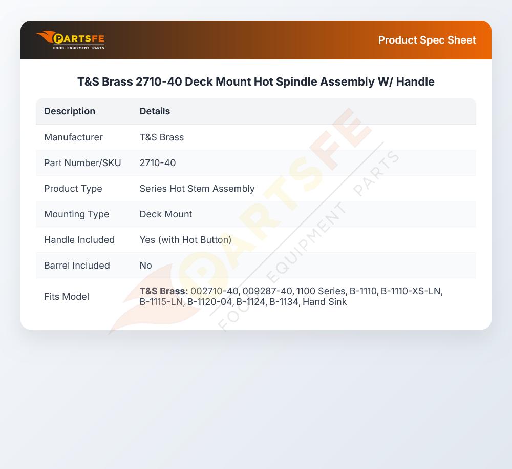 T&S Brass 2710-40 Deck Mount Hot Spindle Assembly W/ Handle