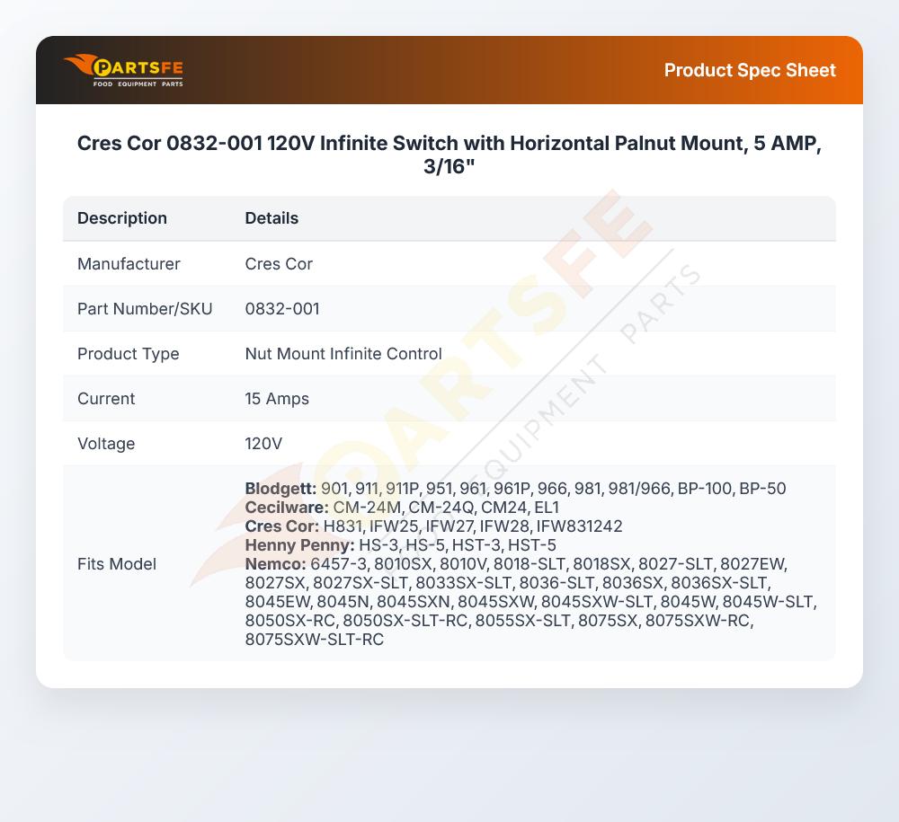 Cres Cor 0832-001 120V Infinite Switch with Horizontal Palnut Mount, 5 AMP, 3/16"