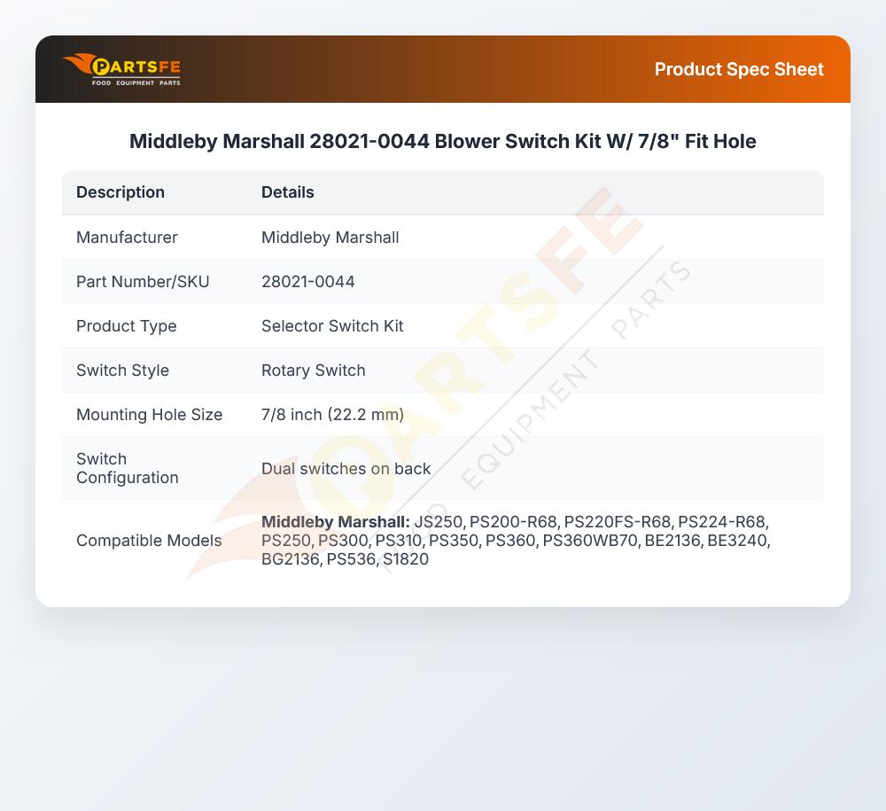 Middleby Marshall 28021-0044 Blower Switch Kit W/7/8" Fit Hole