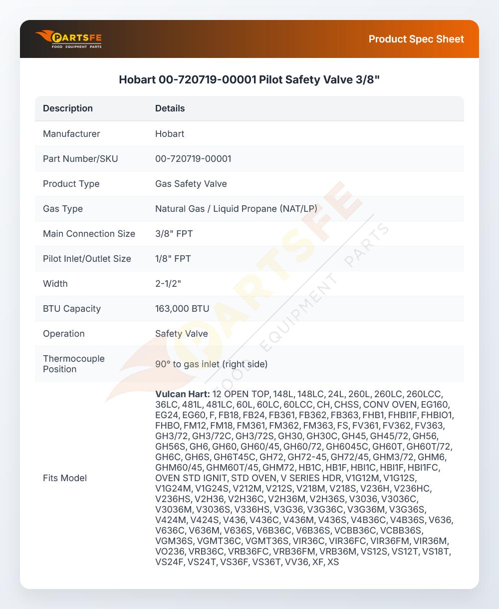 Hobart 00-720719-00001 Fryer Pilot Safety Valve 3/8"
