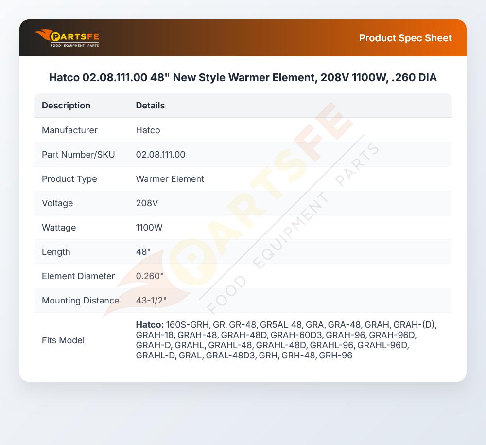 Hatco 02.08.111.00 48" New Style Warmer Element, 208V 1100W,  .260 DIA