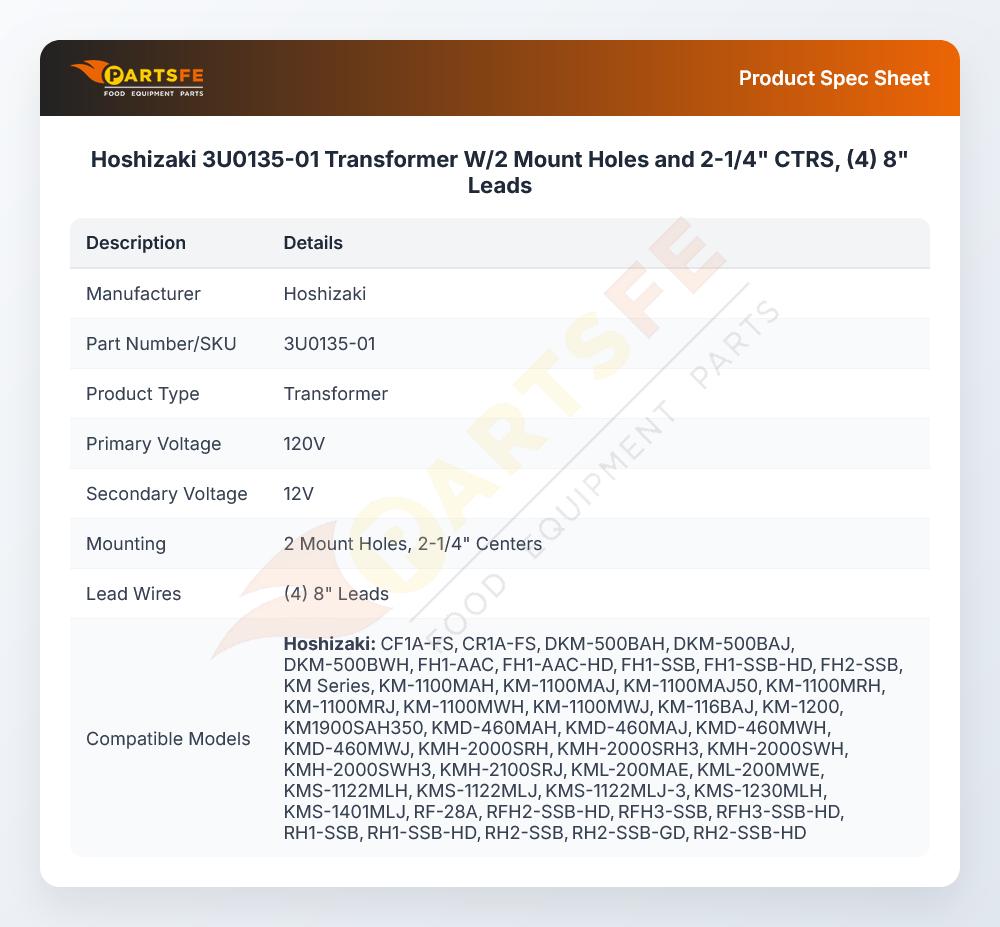 Hoshizaki 3U0135-01 Transformer W/2 Mount Holes and 2-1/4" CTRS, (4) 8" Leads