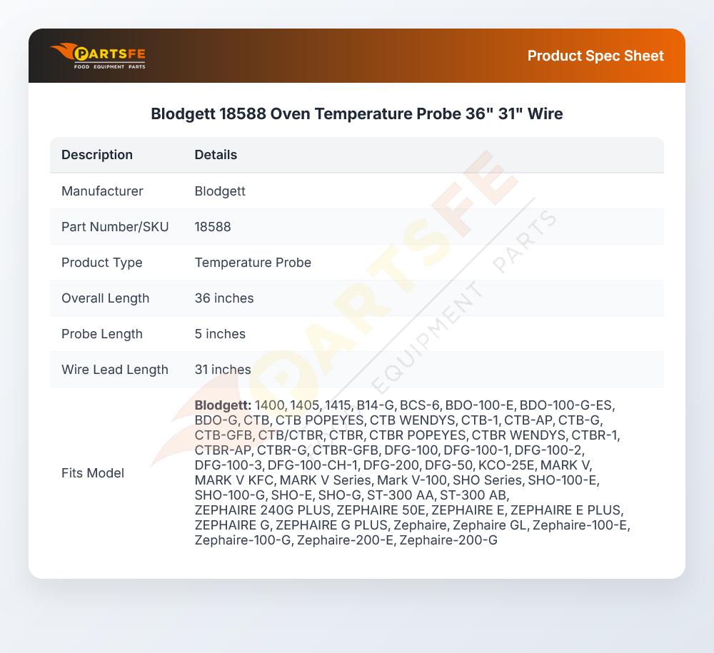 Blodgett 18588 Oven Temperature Probe 36" 31" Wire